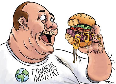 Financial industry gorges itself - illustration by Trent Kuhn